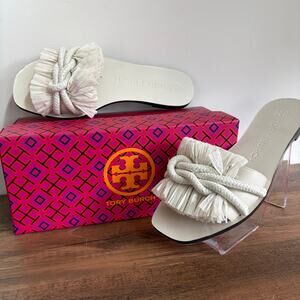 Tory Burch Rope Flat Slides Size 6 Sandals New Ivory White Box Resort Luxury